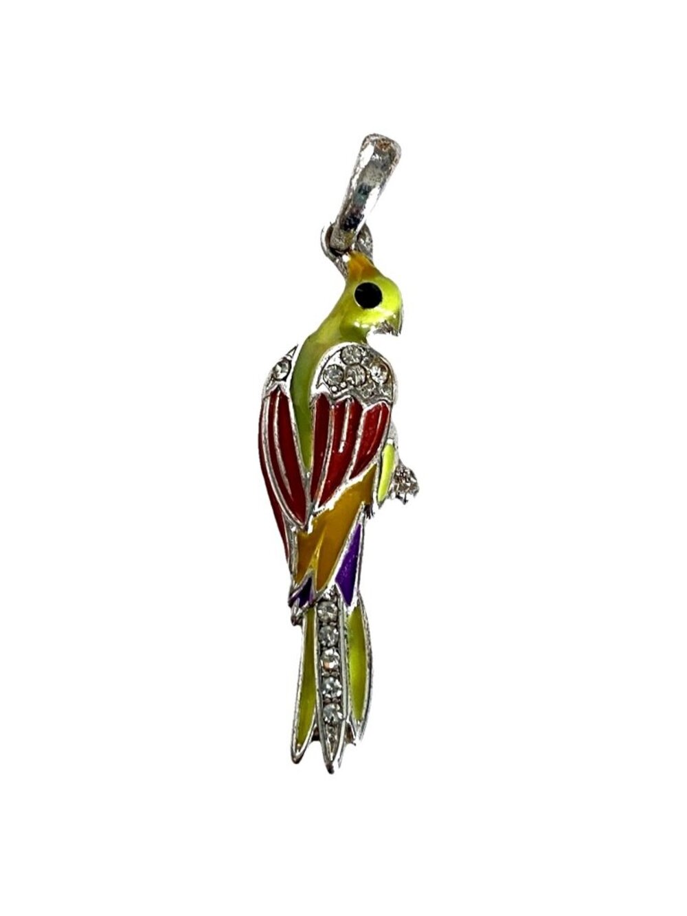 Colorful Enamel Parrot Rhinestones Tropical Style Silver Tone Pendant 1.7in